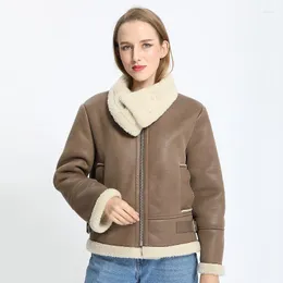 Damen Pelz Damen Faux Janefur Shearing Damen Schaffellmantel Winterjacke im klassischen Stil Lässiger Boomber-Ledermantel mit Reißverschluss