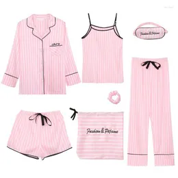 Startseite Kleidung 7PCS Damen Nachtwäsche Lounge Wear Casual Satin Pyjama Set PJS Anzug Nachtwäsche Print Intimate Dessous Sommerkleidung