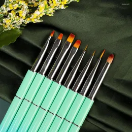Tırnak sanat kitleri mavi yeşil gradyan metal kolu 8pcs fırça seti UV parlatma ışık terapisi kalem eğri boyama astar fırçaları
