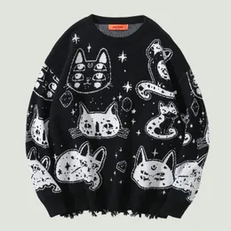 Men's Sweaters Hip Hop Oversized Knitted Mens Retro Cartoon Cat Printed Jumper Streetwear Casual O-Neck College Style Pullover Unisex 220930