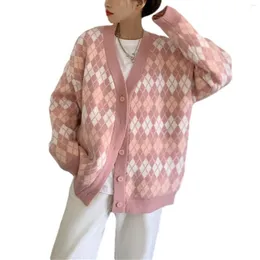 Maglieria da donna Maglione scozzese da donna Cardigan Manica lunga Scollo a V Argyle Maglieria allentata Button Down Cappotto lavorato a maglia autunno donna