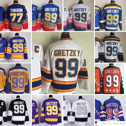 Film CCM Vintage Hockey su ghiaccio 99 Wayne Gretzky Maglie 77 Pierre Turgeon Uomo Ricamo Jersey Nero 1995 1996 Blu Bianco