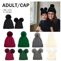 Winter Party Hats Adult Baby Keep Warm Solid Color Knitted Caps Woman Kids Beanie with Pom Gifts