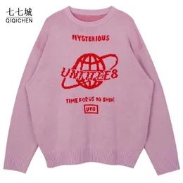 Erkek Sweaters Street Kadınlar Dünya Mektubu Harajuku Kniting Üstler Gevşek Sıcak Kazak Sonbahar Kış Japon Kız 220930