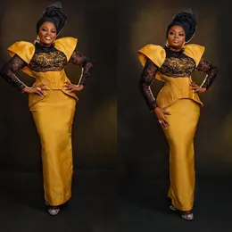 Aso Ebi Stil Meerjungfrau Prom Party Kleider 2023 High Neck Gold Satin Lange Ärmel Plus Größe Formale Brithday Kleider Robe de Soiree