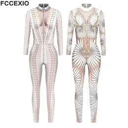 Women's Jumpsuits Rompers FCCEXIO Lace Sequins Pattern 3D Printed Cosplay Costume Sexy Jumpsuit Bodysuit Adult Carnival Party Clothing S-XL monos mujer 220929