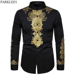 Men's Casual Shirts African Long Sleeve Metallic Gold Printed Mandarin Collar Traditional Ethnic Festival Wedding Dashiki 220930