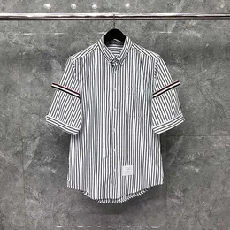 Men's Polos Fashion Brand Tb Thom Shirts Men Slim White Black Striped Short Sleeve Casual Shirt Summer Clothing Darkskins