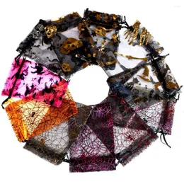 Jewelry Pouches 50pcs/lot Organza Halloween Candy Bag Spider Web Multi Color Printing Drawstring Jute Burlap Party Packaging Gift