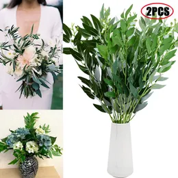 装飾的な花2pcs 55cm人工柳の葉花束緑の絹の偽の植物
