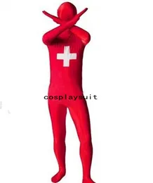 Fantezi İsviçre Bayrak Catsuit Kostümleri Tam Bodysuit Elbise Zentai İkinci Cilt Takım Kostüm Spandex Tulum