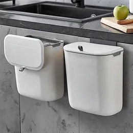 Waste Bins Hanging Trash Kitchen Sliding Cover Can Wall-Mounted Storage Bucket Punch-Free Wall Cabinet Door Household Garbage 220930