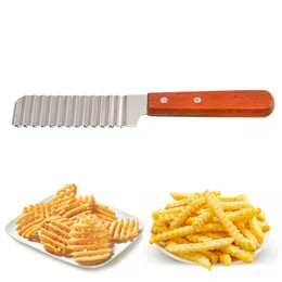 Potato Chip Slicer French fries Cutter Stainless Steel Knife Wood Handle Vegetable Wavy Cutting Tools Kitchen Gadgets LX5146