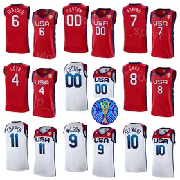 Baskılı Kadın Birleşik Devletler Basketbol Forması 2022 FIBA Kadınlar ABD Dünya Kupası 14 Betnijah Laney 12 Alyssa Thomas 4 Jewell Loyd 9 Aja Wilson 6 Sabrina Ionescu Kırmızı Beyaz