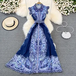 Vintage palace style goddess Fan dress Mingyuan temperament single breasted lapel print elegant a-line large hem long skirt