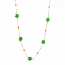 Chaînes 14K Or Jaune Injection Jade Perle Station Collier Bijoux De Luxe