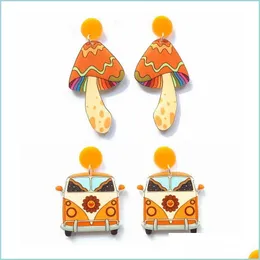 Stud Stud Lovely Colorf Cartoon Mushroom And Trip Car With Flowers Uv Print Acrylic Orange Earrings For Womenstud Drop Deliv Mjfashion Dhhic