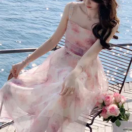 Casual Dresses Summer 2022 French Entry Lux Fairy Floral Short Sleeve Strappy Dress Women's Elegant High-klass
