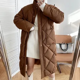 Womens Down Parkas Womens Casual Winter Standup Collar Argyle Pattern Oversized Down Jacket Chic Parka Korean Style Long Cottonpadded Coat 220929