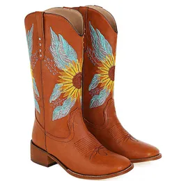 Women Boots Aosphiraylian 2022 Flower Embroidery Women's Vintage Cowboy Boot Comfy Walking Retro Western Woman Shoes for Dropshipping 0719