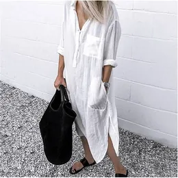 Abito camicia da donna Primavera Estate Bottone con risvolto Manica lunga Abiti spaccati laterali Elegante Solido Lavoro Ufficio Abiti Tunica femminile Abito 220811