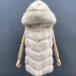 Janefur Faux Fur Coat With Hood Long Women 2022 de alta qualidade Gilet Artifical Gilet Full Warm Winter Winter Fur colete Jackets T220810