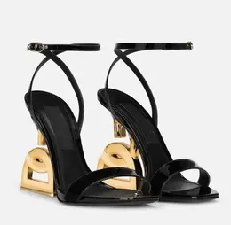 Luxury Brands Patent Leather Sandals Summer Women Shoes Pop Heel Gold-plated Carbon Nude Black Red Pumps Gladiator Sandalias EU35-43