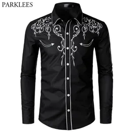 Elegante Western Cowboy Men Brand Design Bordado Slim Fit Casual Manga longa S Camisa de festa de casamento masculina para masculino 220811