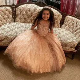 Bling Rose Gold Flower Girls Dresses For Weddings Jewel Neck Sequined Lace Flowers Crystal Beads Sleeveless Princess Kids Birthday Girl Pageant Gowns