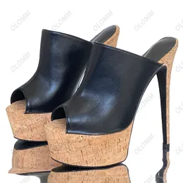 Olomm 2023Handmade Women Platform Mules Sandaler Cork Ultra High Heels Peep Toe Classics Black Casual Shoes Ladies Us Plus Size 5-20