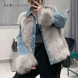 TWOTWINSTYLE Temperament Lose Faux Pelz Für Frauen Revers Langarm Patchwork Denim Casual Jacke Weibliche Herbst 2021 Kleidung Neue T220810