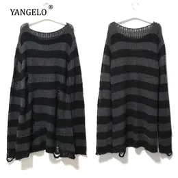 Punk Gothic Long Unisex Sweater Summer Women Striped Cool Hollow Out Hole Broken Jumper Loose Rock Thin Dark Streetwear Top 220811