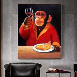 Ahpainting Wall Art Malowanie Poster Zwierzęta Poster Monkey Szympans Picie wina Palenie Win