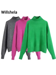 WOLSHELA Women Fashion Solid Knit Sweter Top Długie rękawy Wysokie szyję Vintage Kobietowa szykowna topy Mujer 220811