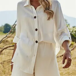 Summer Beach Casual Button White Womens Cotton Linen Två stycken Set Lång ärmskjorta och shorts Kvinnor Set Outfits 220810