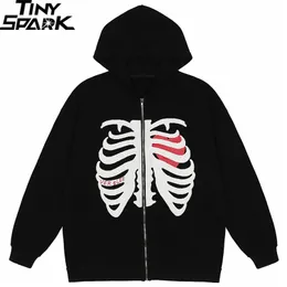 Männer Hip Hop Streetwear Mit Kapuze Brustbein Skelett Mantel Harajuku Baumwolle Lose Jacke Frühling Outwear Zipper Schwarz 220811