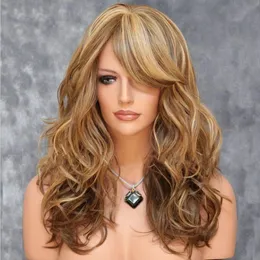 Gradiente Color Wavy Sinético Wigs para mulheres Perucas de ondas naturais com franja Fibra de fibra de máquinas de máquina Full Comprimento médio de comprimento