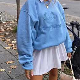 女性フーディーズスウェットシャツ秋のハラジュクカジュアルビンテージエムード長袖文字印刷特大のプルオーバートップ220811