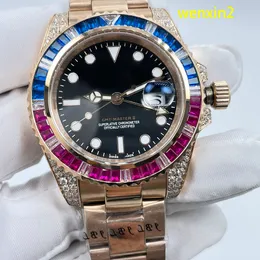 Lado de relógio masculino clássico de luxo 40 mm mecânico automático em aço inoxidável cor anel de diamante broca de quatro cantos