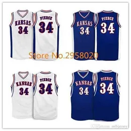 Дешевый обычай #34 Пол Пирс Канзас Jayhawks Ku College Basketball Jersey Белая синяя вышива