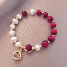 Bracelet Bangle Designer Crystal Round Pendant Natrual Freshwater Pearls Green/rose Red Tiger's Eye Beaded Bracelets for Women Fashion Jewelry Ybr475