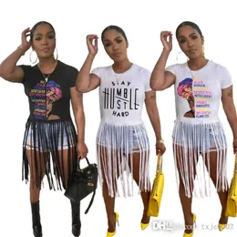 Designer Womens Letter Tryckt T-shirt med Tassel Summer Crew Neck Casual Short Sleeve Tops Ladies Plus Size Clothing