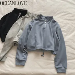 OceanLove Hoodies Mulheres zíper sólido Moda curta Sweatshirts High Caists Pullovers de outono Tops coreanos Casual 17613 220818