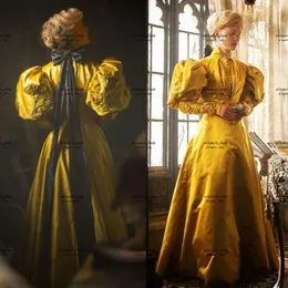 Bright Gold Long Sleeve Evening Dresses Gothic Horror Romance FilmCrimson Peak High Neck Stain Lace Historical Costume Prom Gown