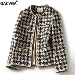 Gacvga elegante tecido xadrez blazer feminino com bolso e forro outono inverno casual tweed casaco escritório feminino jaqueta 220818