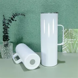 Armazém de sublimação do armazém copo reto com alça de 20 onças de copos skinny caneca acampamento aço inoxidável slim xícaras isoladas canecas de café canecas de borracha palha de metal de borracha