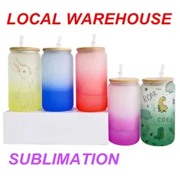LOCAL WAREHOUSE 16oz Sublimation Cold Color Changing Tumbler Heat Transfer Blank Glass Water Bottle with Bamboo Lid and Straw for Drinking