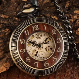 포켓 시계 빈티지 우드 서클 조각 된 번호 다이얼 기계 시계 남자 독특한 중공 스팀 펑크 청동 시계 체인 포켓 포켓