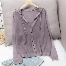 Loose Knitted Hooded Cardigans For Women Summer Thin Long Seeve Sunscreen Shirt Single Breasted Solid Knitwear Coat Tops Female 220818