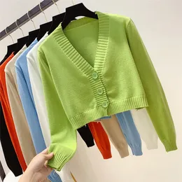 Stickad Crop Cardigan Women Korean Short Sweater Long Sleeve V Neck Green Blue 220818